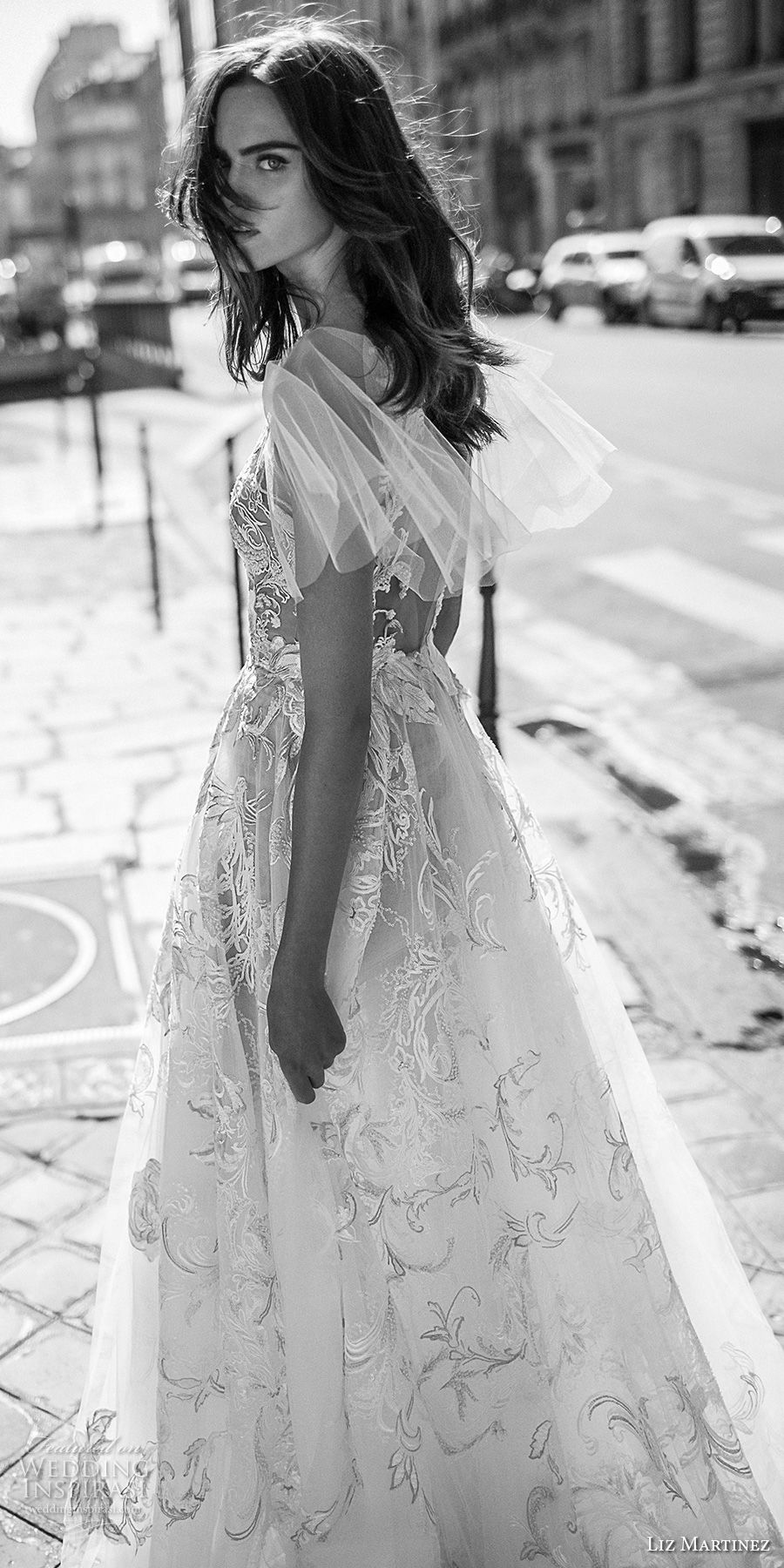 liz martinez 2018 bridal short handkerchief sleeves deep v neck full embellishment romantic soft a  line wedding dress open back chapel train (6) zsdv