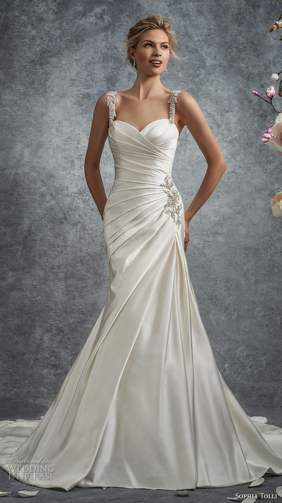 sophia tolli fall 2017 bridal sleeveless embrodiered strap sweetheart neckline pleated bodice elegant drop waist a line wedding dress chapel train (27) mv sophia tolli fall 2017 bridal sleeveless embrodiered strap sweetheart neckline pleated bodice elegant drop waist a line wedding dress chapel train (27) mv