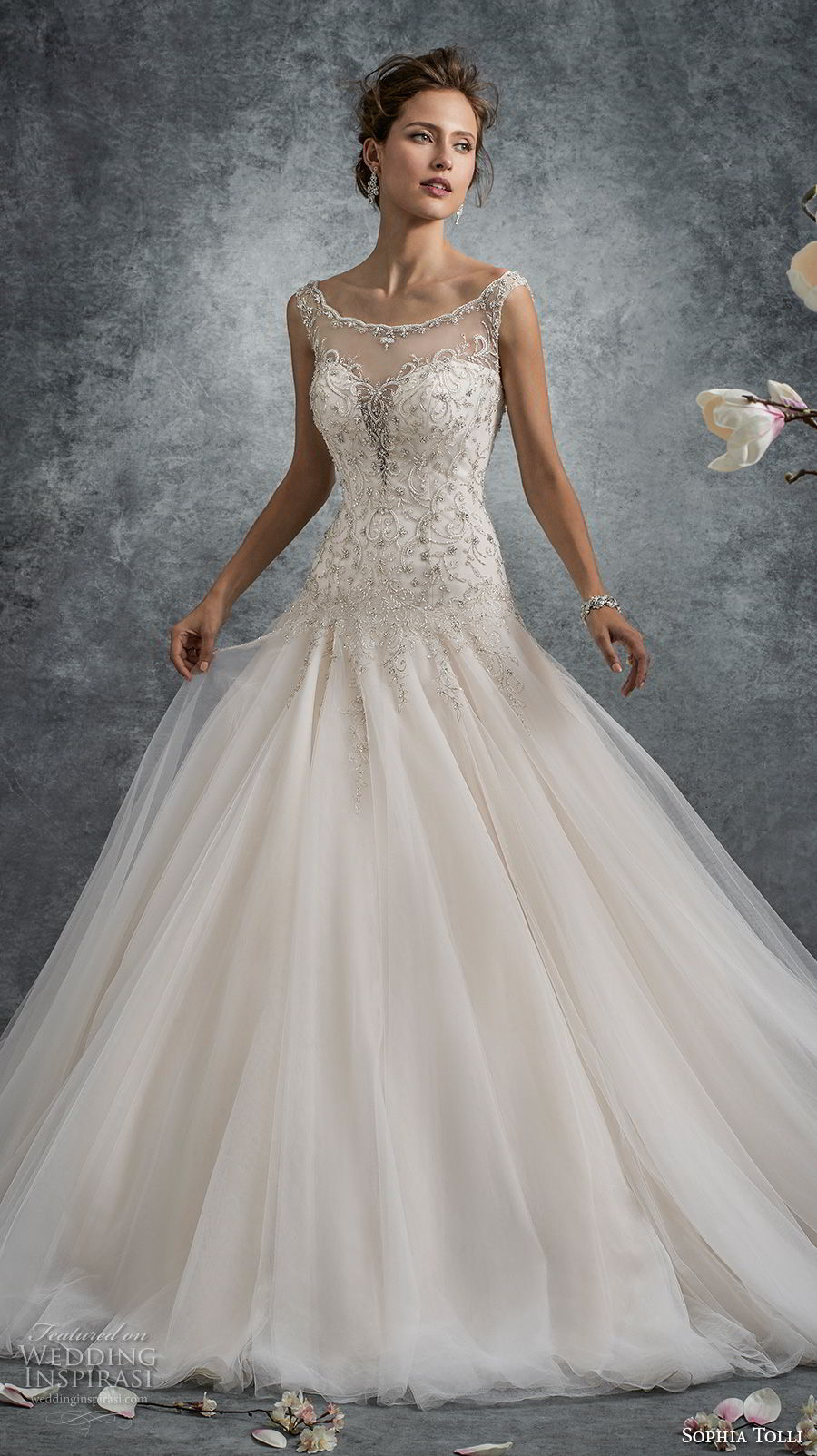 sophia tolli fall 2017 bridal sleeveless illusion bateau sweetheart neckline heavily embellished bodice tulle skirt romantic a line wedding dress corset back long train (19) mv sophia tolli fall 2017 bridal sleeveless illusion bateau sweetheart neckline heavily embellished bodice tulle skirt romantic a line wedding dress corset back long train (19) mv