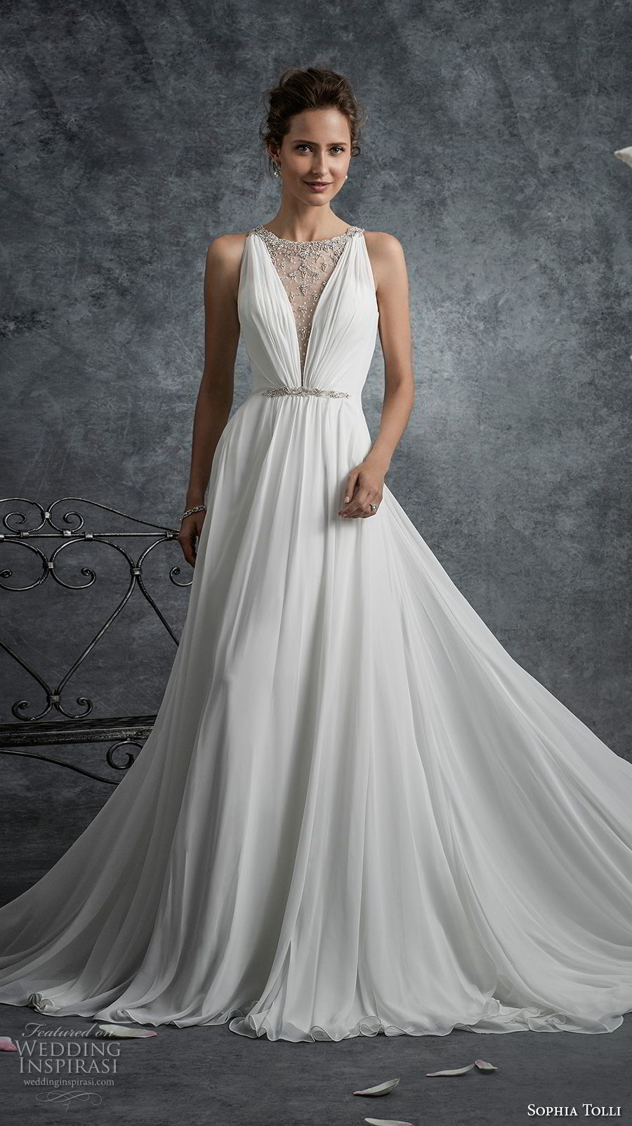 sophia tolli fall 2017 bridal sleeveless illusion jewel deep v neckline simple grecian romantic a  line wedding dress sheer back chapel train (17) mv