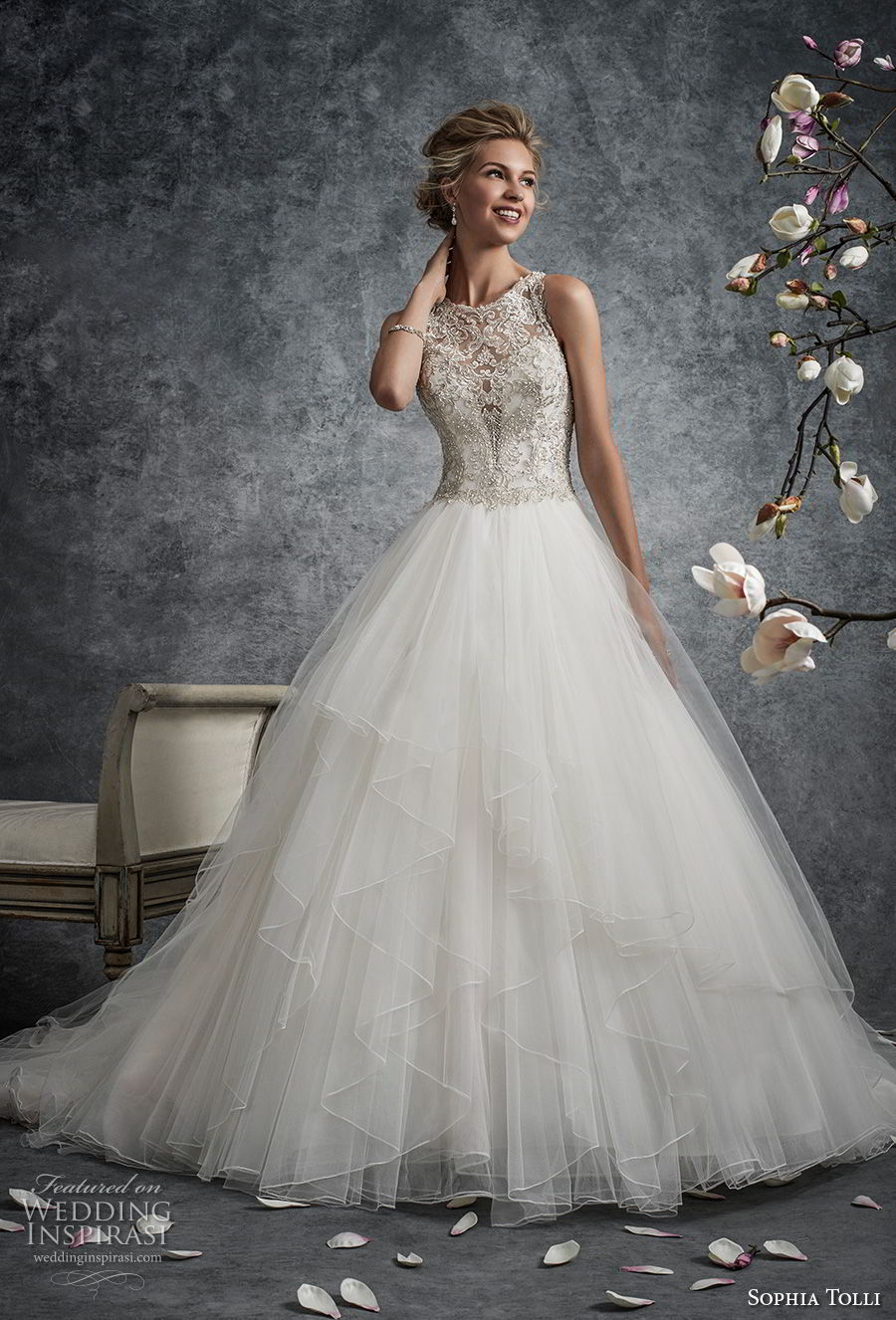 sophia tolli fall 2017 bridal sleeveless illusion jewel sweetheart neckline heavily embellished bodice tulle skirt romantic a  line wedding dress covered embellished back chapel train (8) mv