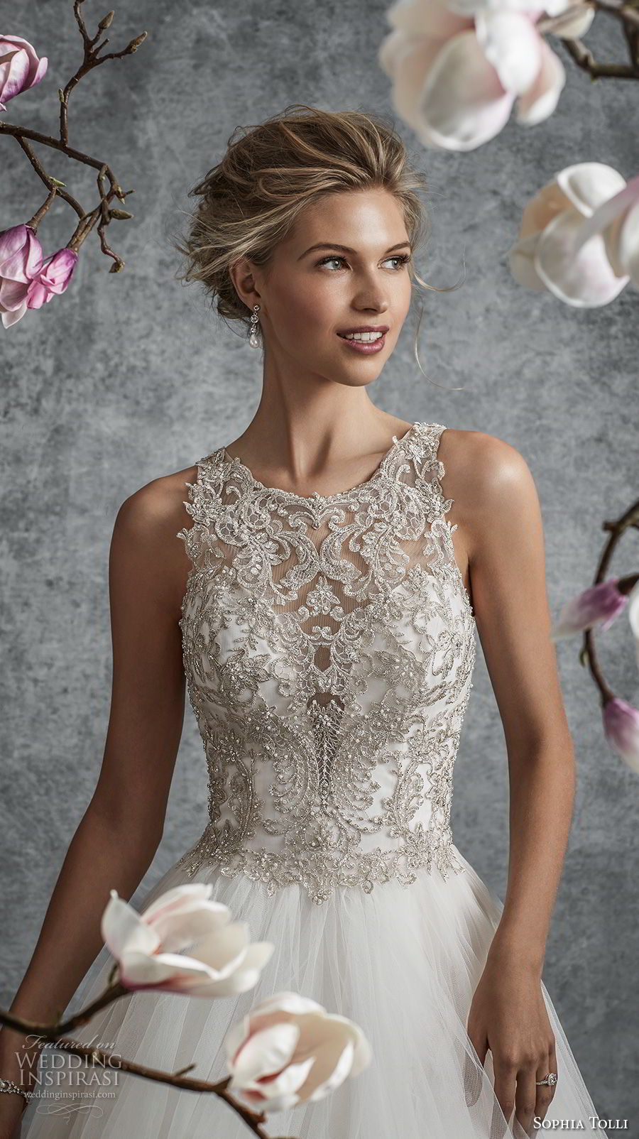 sophia tolli fall 2017 bridal sleeveless illusion jewel sweetheart neckline heavily embellished bodice tulle skirt romantic a  line wedding dress covered embellished back chapel train (8) zv