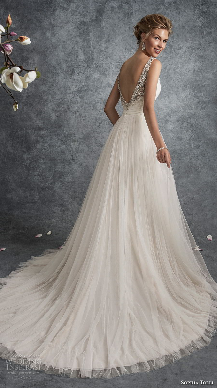 sophia tolli fall 2017 bridal sleeveless strap v neck wrap over ruched bodice romantic a line wedding dress open v back (21) bv sophia tolli fall 2017 bridal sleeveless strap v neck wrap over ruched bodice romantic a line wedding dress open v back (21) bv