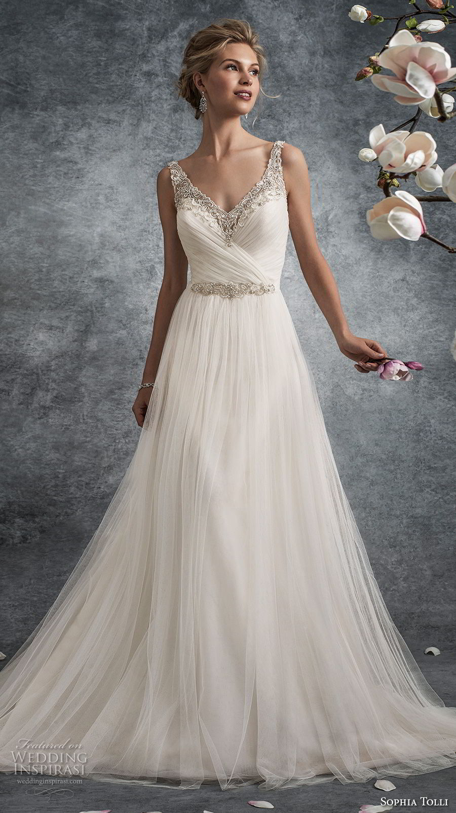sophia tolli fall 2017 bridal sleeveless strap v neck wrap over ruched bodice romantic a line wedding dress open v back (21) mv sophia tolli fall 2017 bridal sleeveless strap v neck wrap over ruched bodice romantic a line wedding dress open v back (21) mv