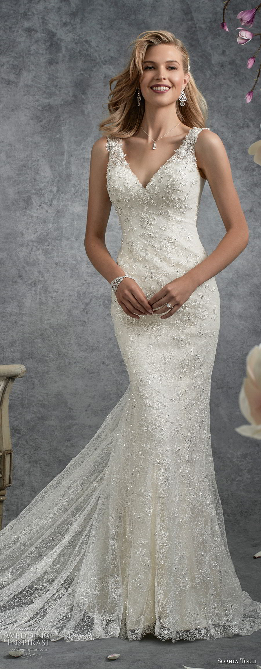 sophia tolli fall 2017 bridal sleeveless thick strap v neck full embellishment elegant fit and flare sheath wedding dress covered lace back chapel train (11) mv sophia tolli fall 2017 bridal sleeveless thick strap v neck full embellishment elegant fit and flare sheath wedding dress covered lace back chapel train (11) mv