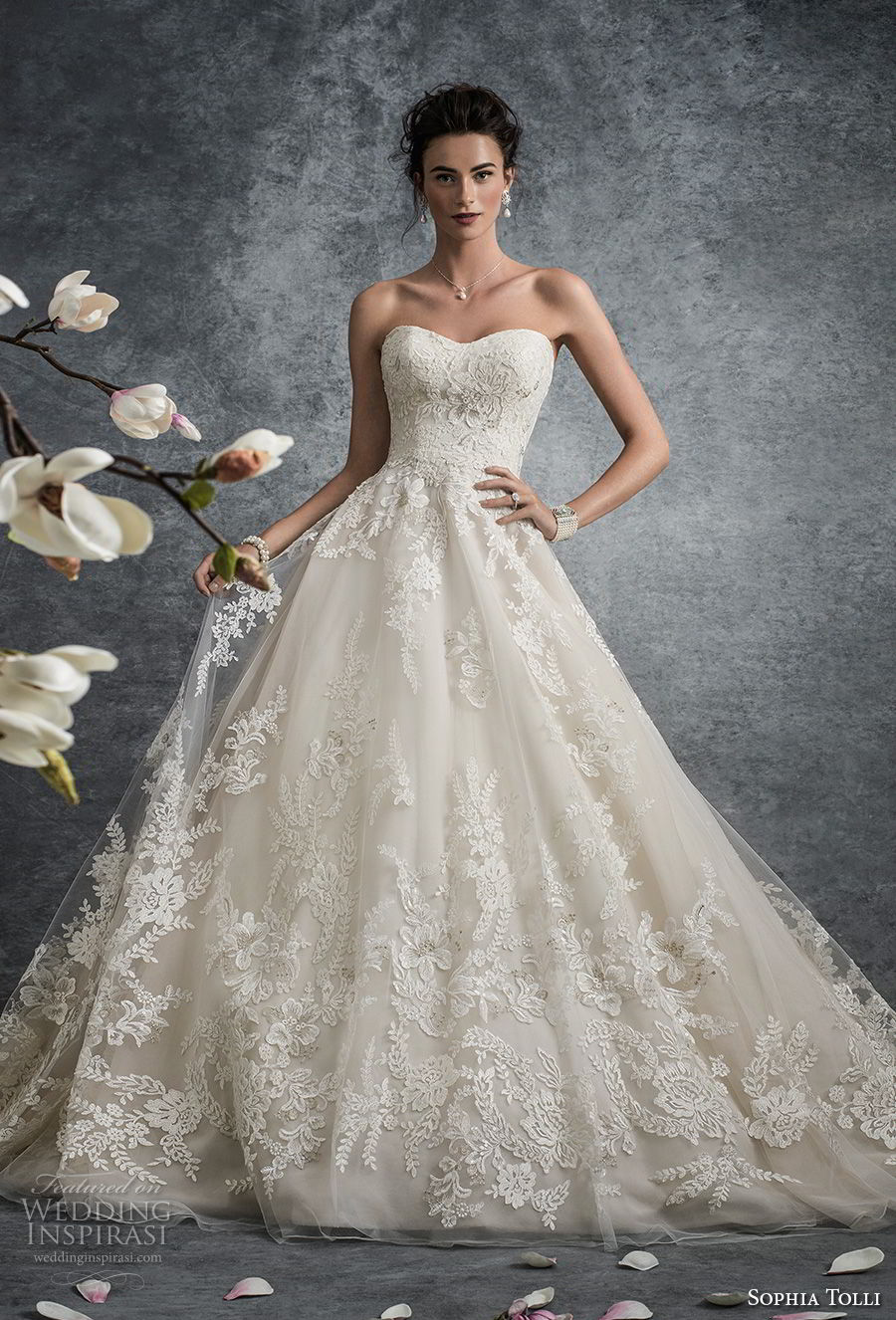 sophia tolli fall 2017 bridal strapless semi sweetheart neckline full embellishment princess ivory color a  line wedding dress chapel train (13) mv