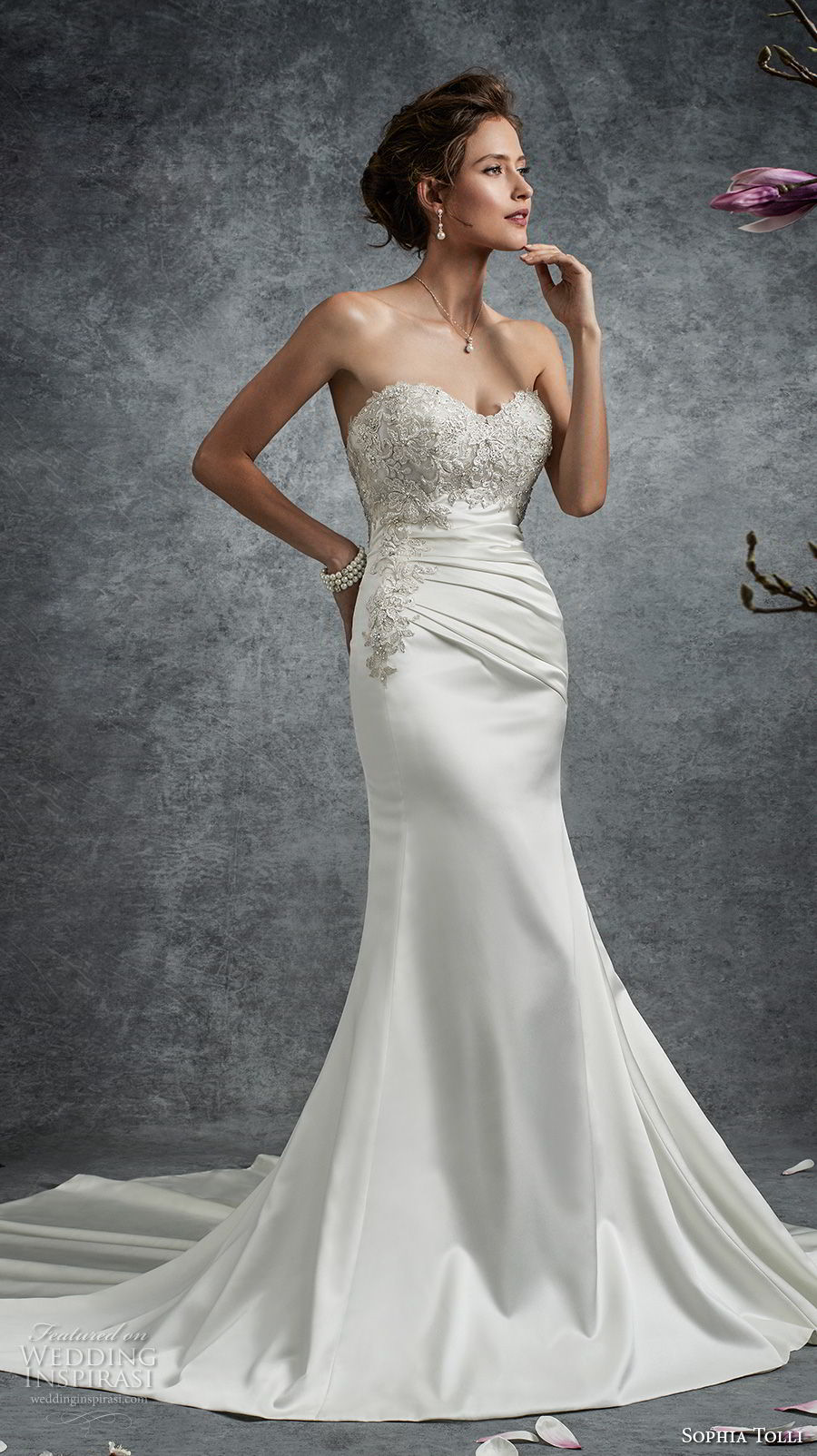 sophia tolli fall 2017 bridal strapless sweetheart neckline heavily embellished bodice satin skirt elegant trumpet wedding dress chapel train (28) mv