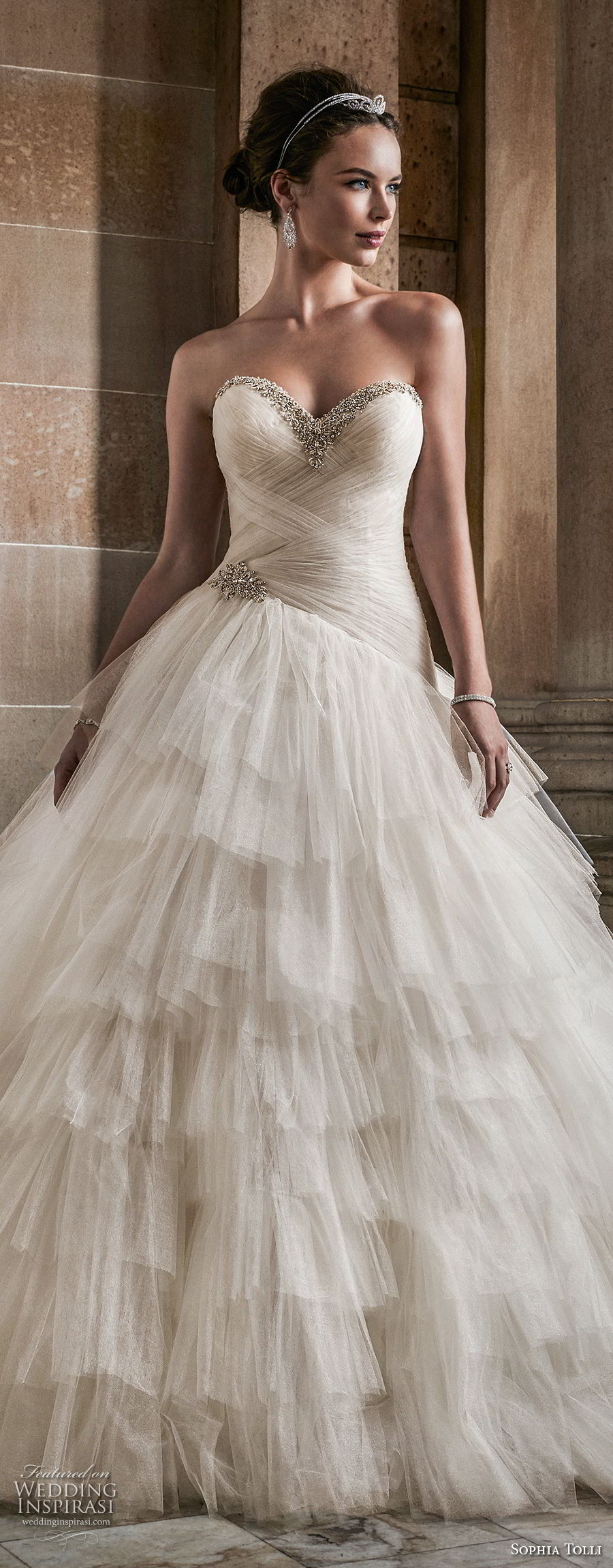 sophia tolli fall 2017 bridal strapless sweetheart neckline light embellished ruched bodice layered skirt princess ball gown wedding dress royal train (2) lv sophia tolli fall 2017 bridal strapless sweetheart neckline light embellished ruched bodice layered skirt princess ball gown wedding dress royal train (2) lv