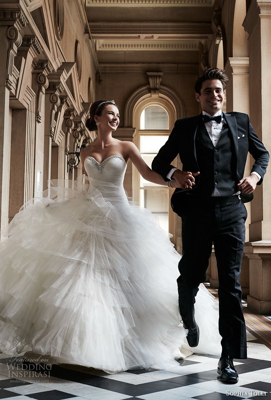sophia tolli fall 2017 bridal strapless sweetheart neckline light embellished ruched bodice layered skirt princess ball gown wedding dress royal train (2) mv sophia tolli fall 2017 bridal strapless sweetheart neckline light embellished ruched bodice layered skirt princess ball gown wedding dress royal train (2) mv