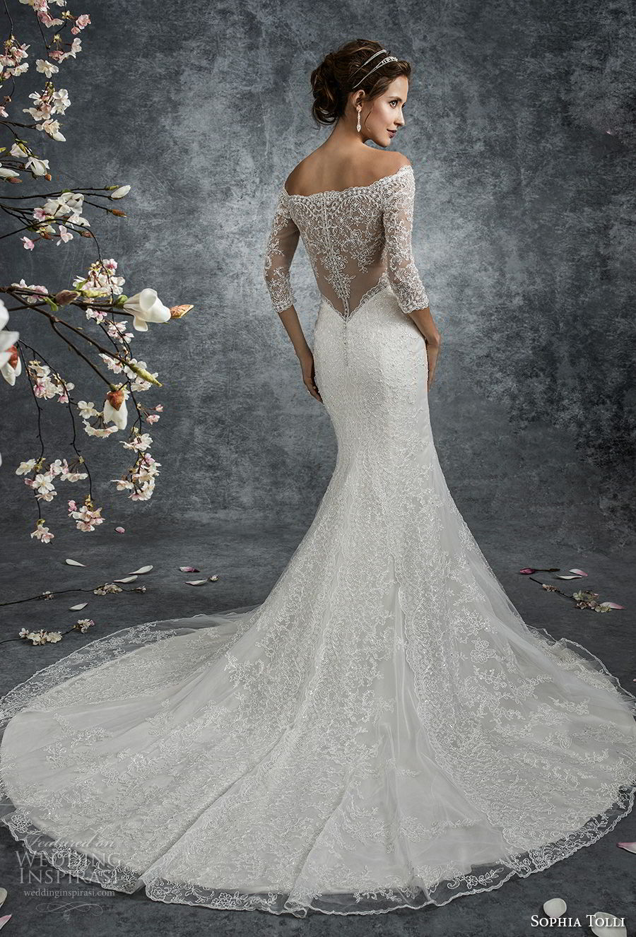 sophia tolli fall 2017 bridal three quarter sleeves off the shoulder illusion straight across sweetheart neckline full embellishment mermaid wedding dress lace back chapel train (16) bv sophia tolli fall 2017 bridal three quarter sleeves off the shoulder illusion straight across sweetheart neckline full embellishment mermaid wedding dress lace back chapel train (16) bv