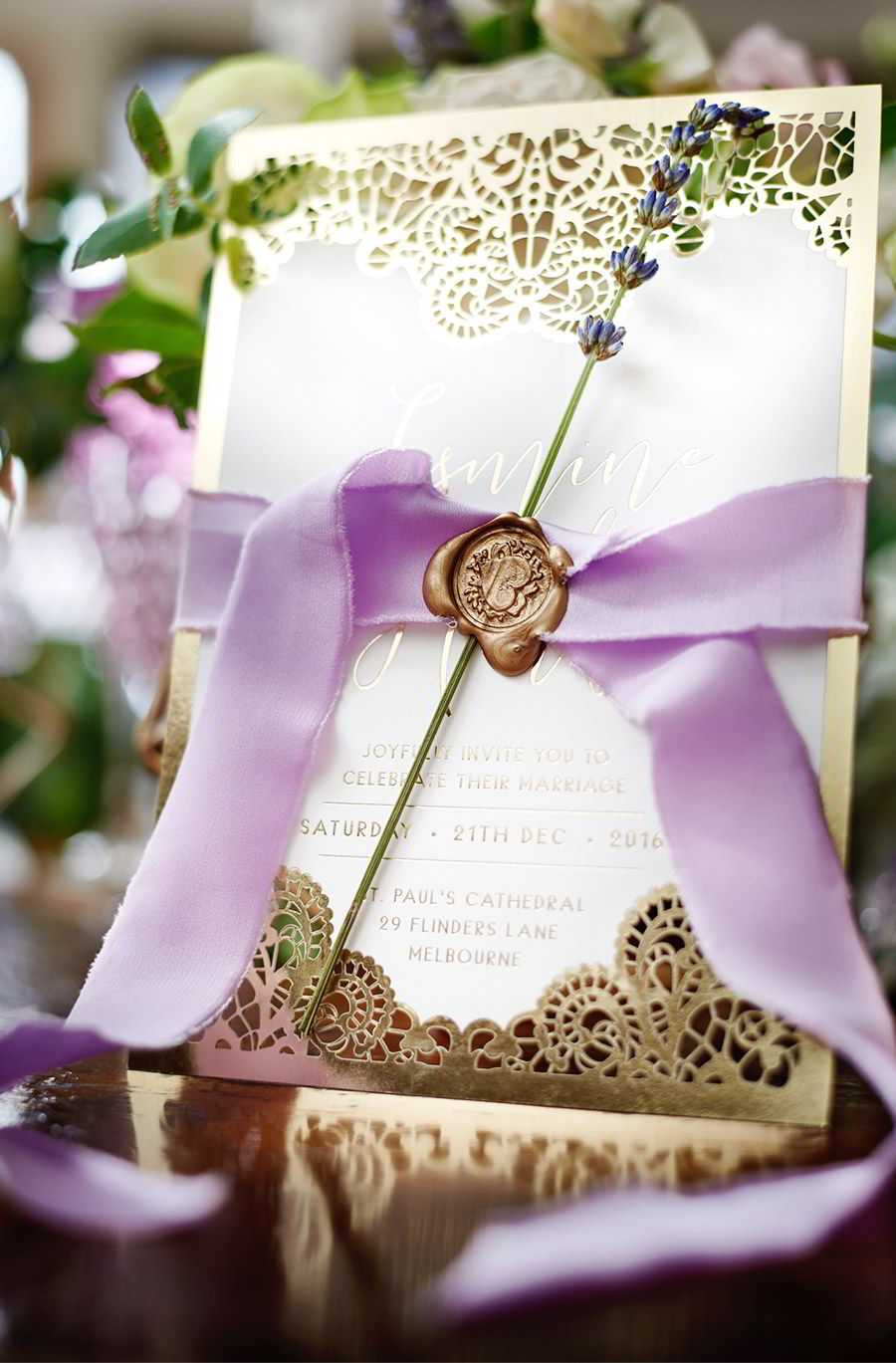 adorn invitation romantic bohemian luxury purrple gold lace wedding invitation card ribbon wax seal