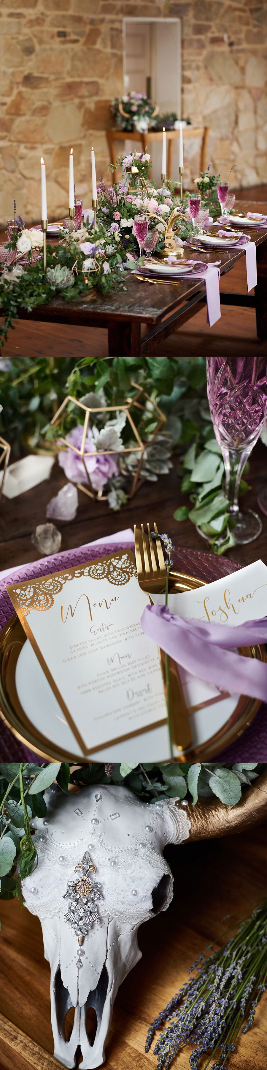 adorn invitation romantic bohemian luxury purrple gold wedding inspiration photo shoot sault daylesford