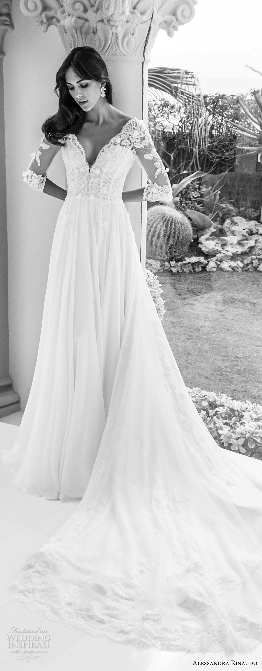 alessandra rinaudo 2018 bridal half sleeves v neck heavily embellished bodice romantic soft a  line wedding dress open v back chapel train (26) mv