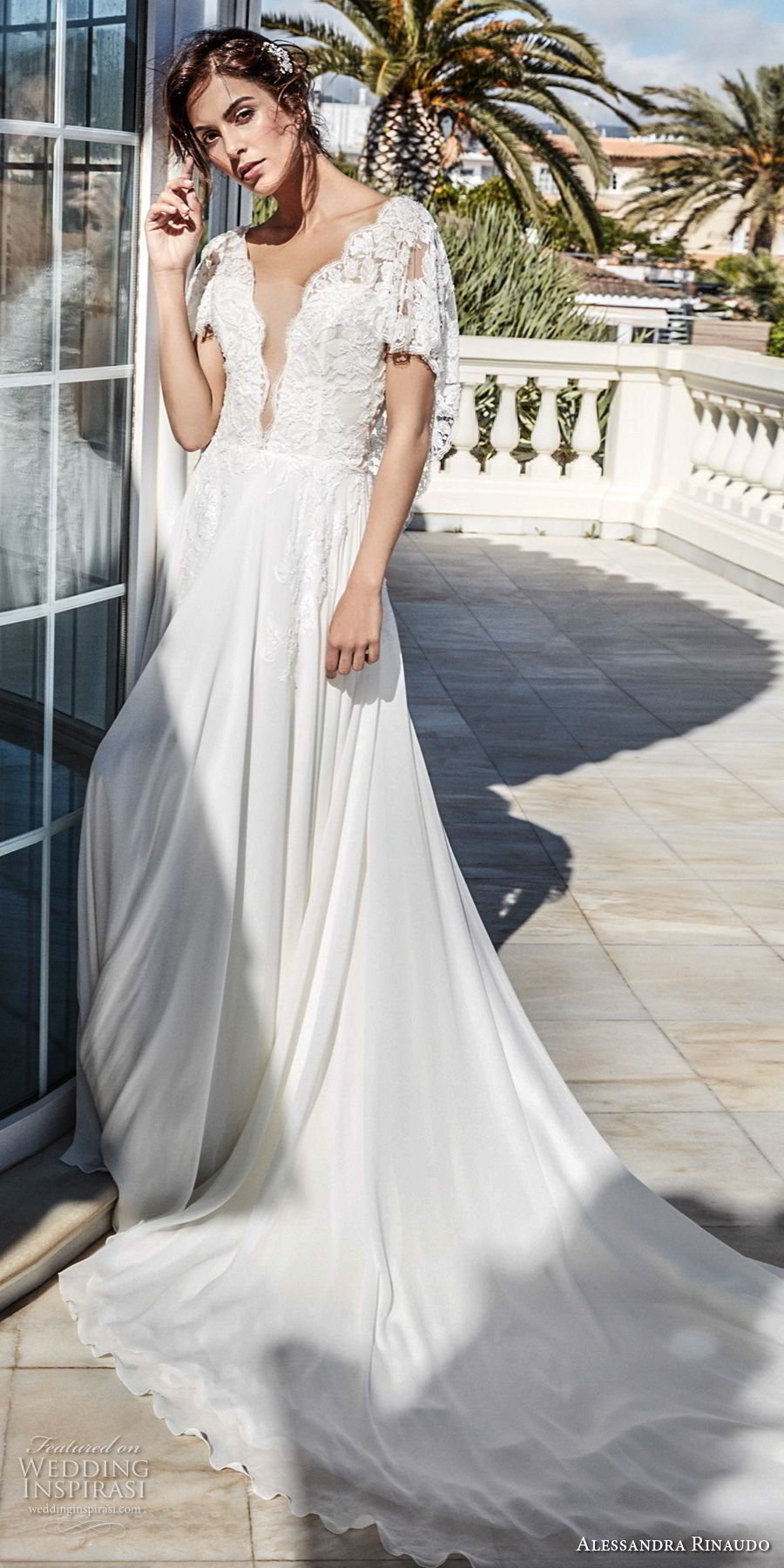 alessandra rinaudo 2018 bridal short butterfly sleeves deep plunging v neck heavily embellished bodice romantic soft a  line wedding dress open v back chapel train (22) mv