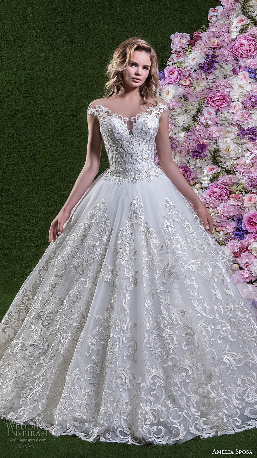 amelia sposa 2018 bridal cap sleeves off shoulder sweetheart neckline full embellishment princess ball gown wedding dress open v back chapel train (lorena) mv