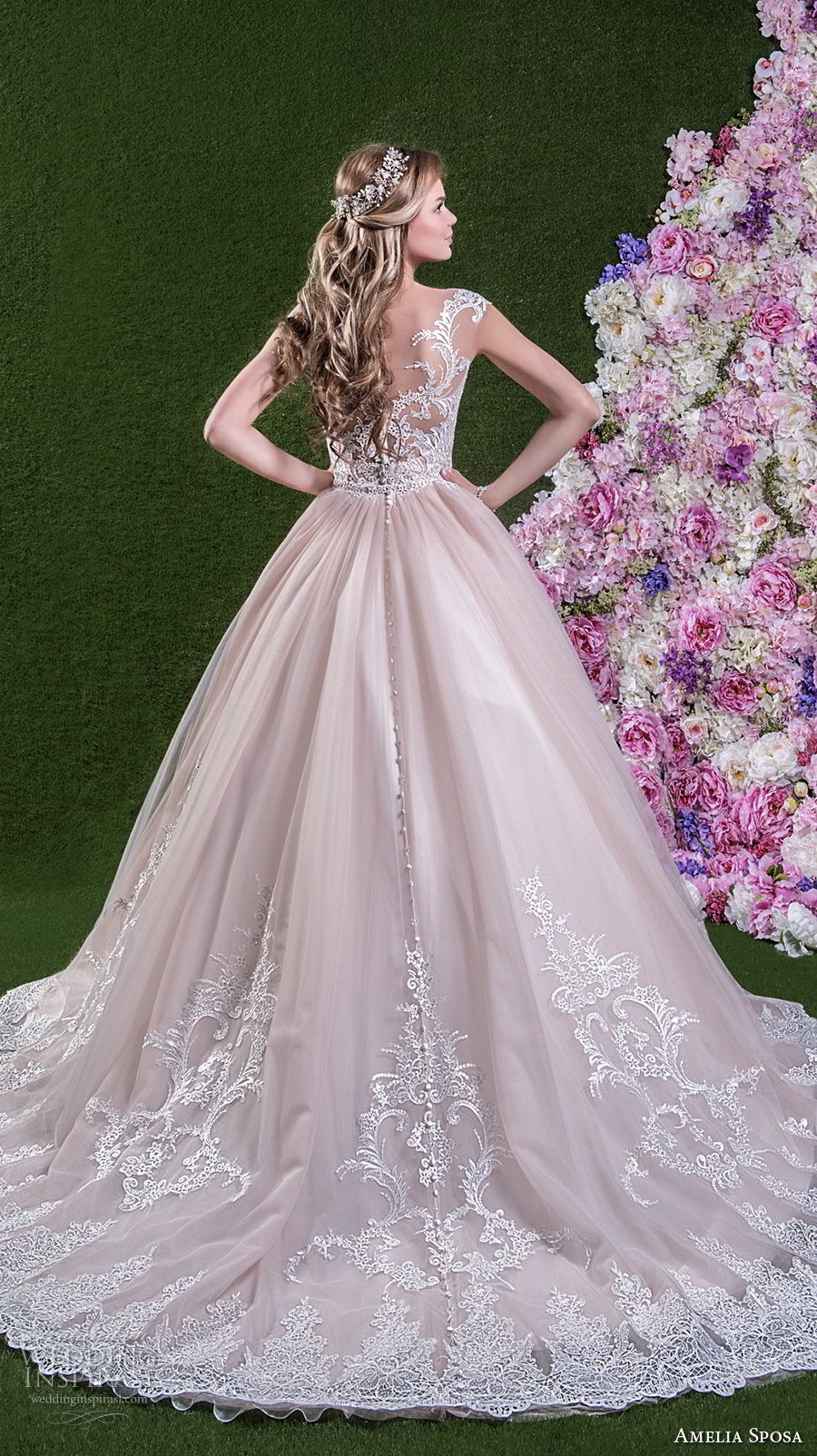 amelia sposa 2018 bridal cap sleeves sweetheart neckline heavily embellished bodice princess pink ball gown wedding dress lace back chapel train (leonarda) bv