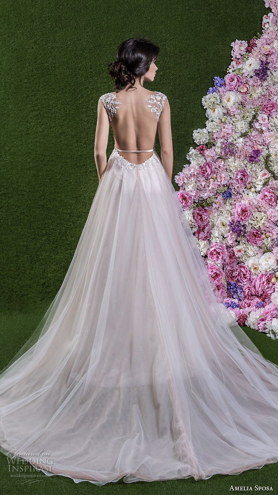 amelia sposa 2018 bridal cap sleeves v neck heavily embellished bodice tulle skirt romantic a  line wedding dress open back chapel train (ginevra) bv