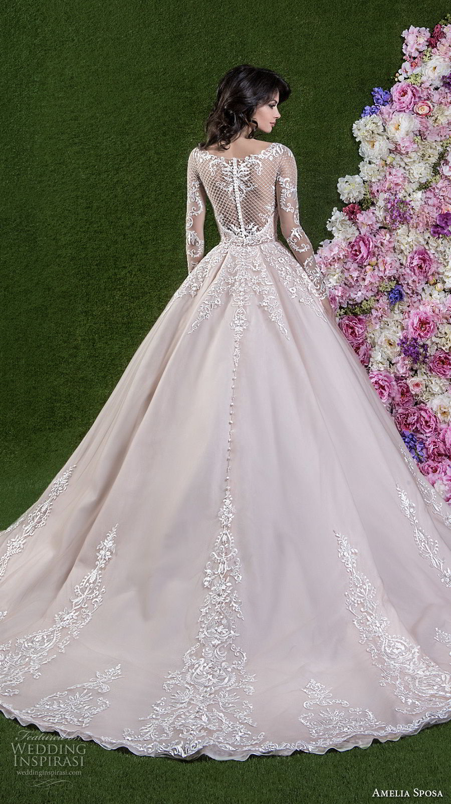 amelia sposa 2018 bridal long sleeves illusion bateau sweetheart neckline heavily embellished bodice princess pink a  line wedding dress covered lace back chapel train (cassandra) bv