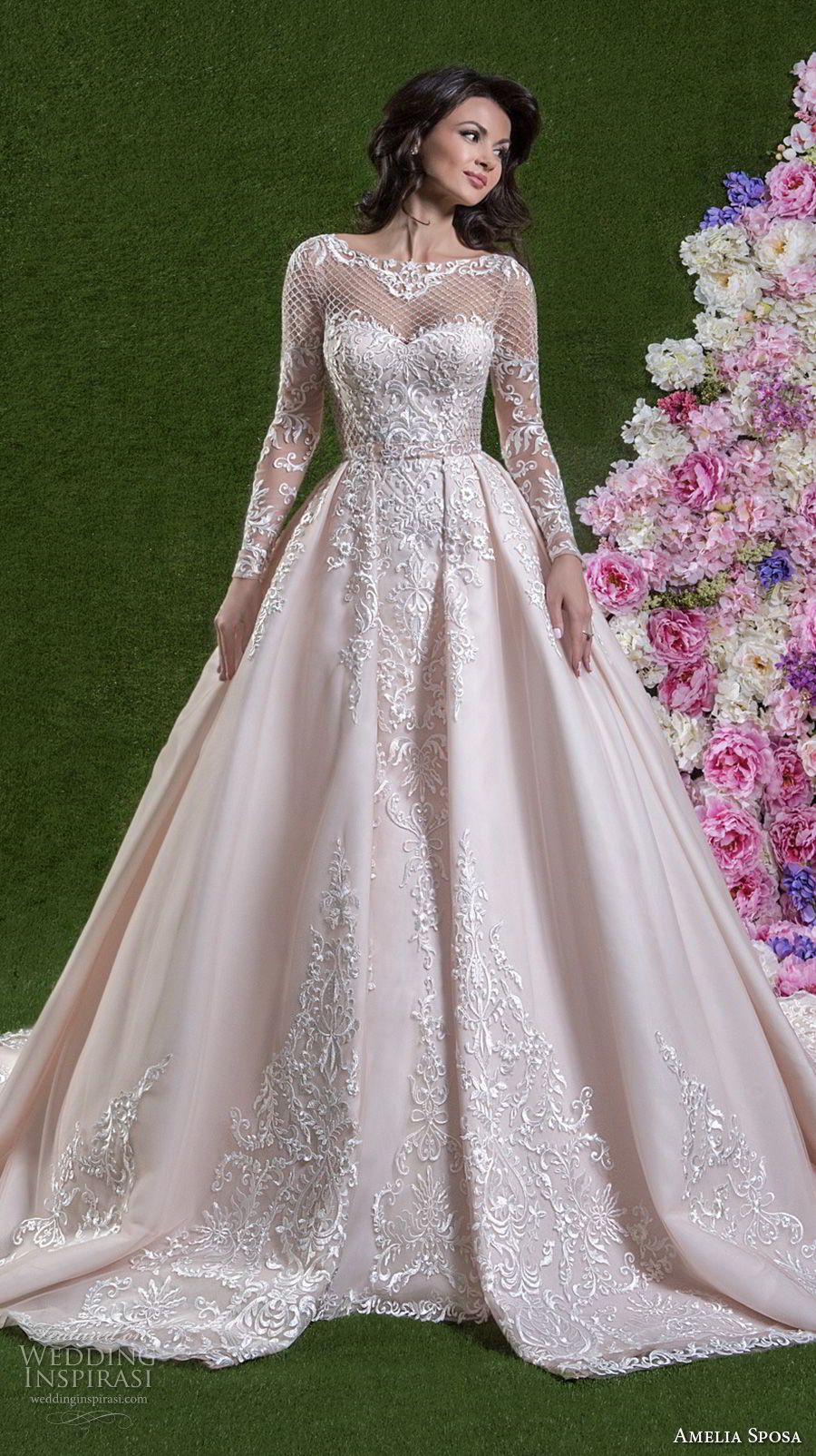 amelia sposa 2018 bridal long sleeves illusion bateau sweetheart neckline heavily embellished bodice princess pink a  line wedding dress covered lace back chapel train (cassandra) mv