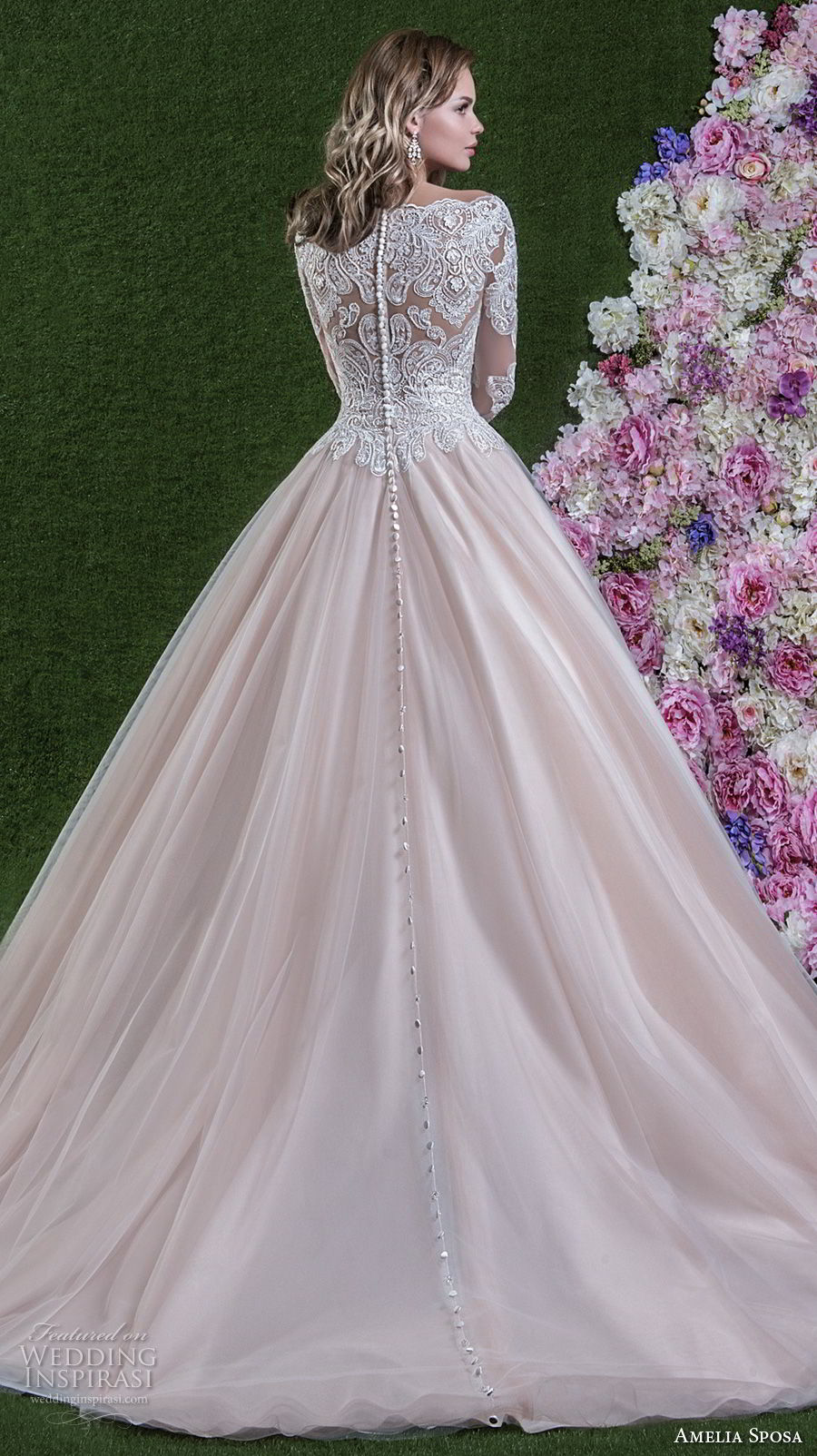 amelia sposa 2018 bridal long sleeves illusion bateau sweetheart neckline heavily embellished bodice princess pink a  line wedding dress covered lace back chapel train (flavia) bv