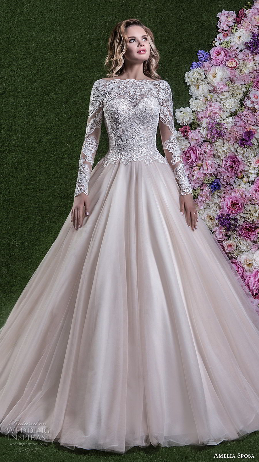 amelia sposa 2018 bridal long sleeves illusion bateau sweetheart neckline heavily embellished bodice princess pink a  line wedding dress covered lace back chapel train (flavia) mv