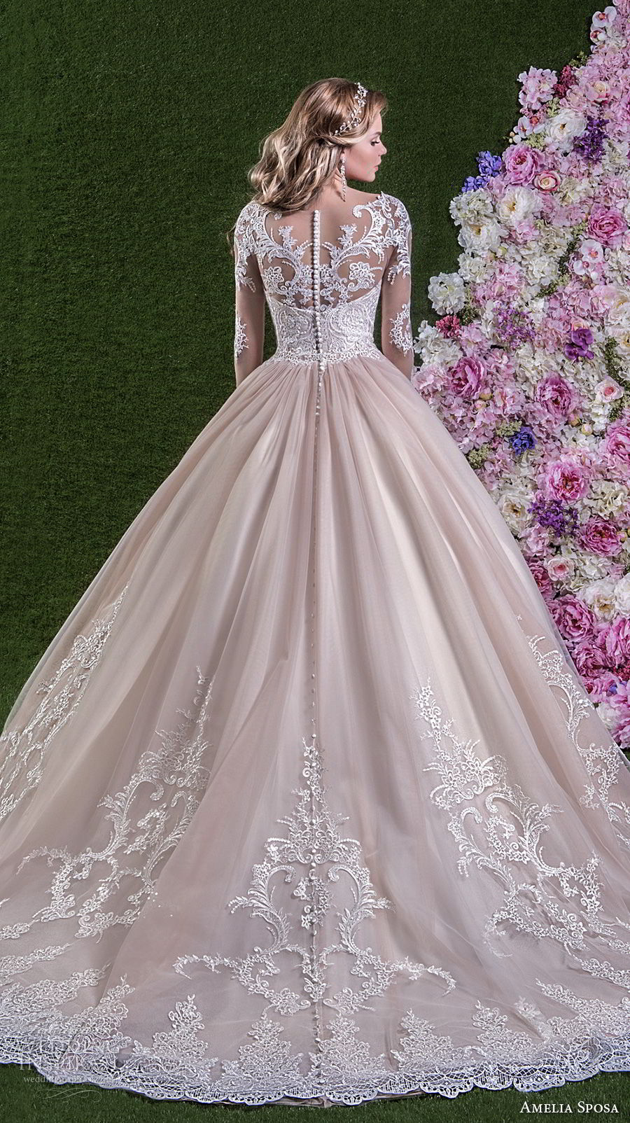 amelia sposa 2018 bridal long sleeves illusion boat sweetheart neckline heavily embellished bodice pink ball gown wedding dream lace back long train (rachele) bv