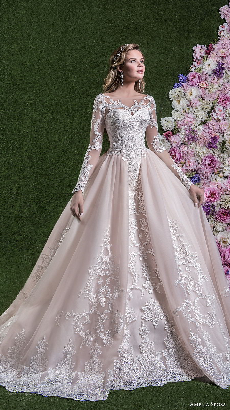 amelia sposa 2018 bridal long sleeves illusion boat sweetheart neckline heavily embellished bodice pink ball gown wedding dream lace back long train (rachele) mv