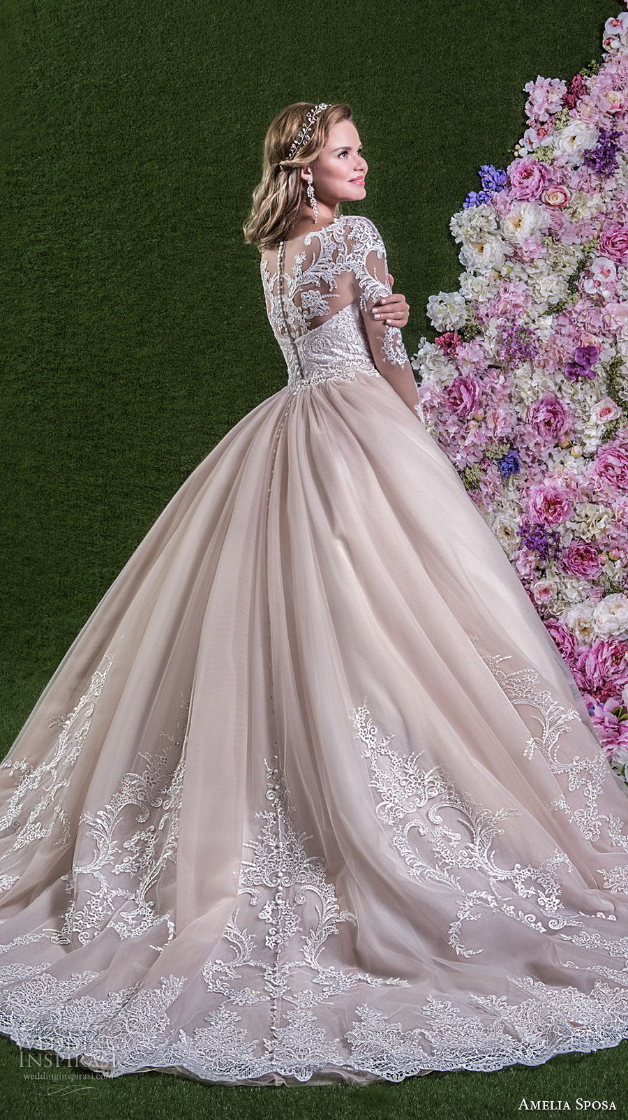 amelia sposa 2018 bridal long sleeves illusion boat sweetheart neckline heavily embellished bodice pink ball gown wedding dream lace back long train (rachele) sdv