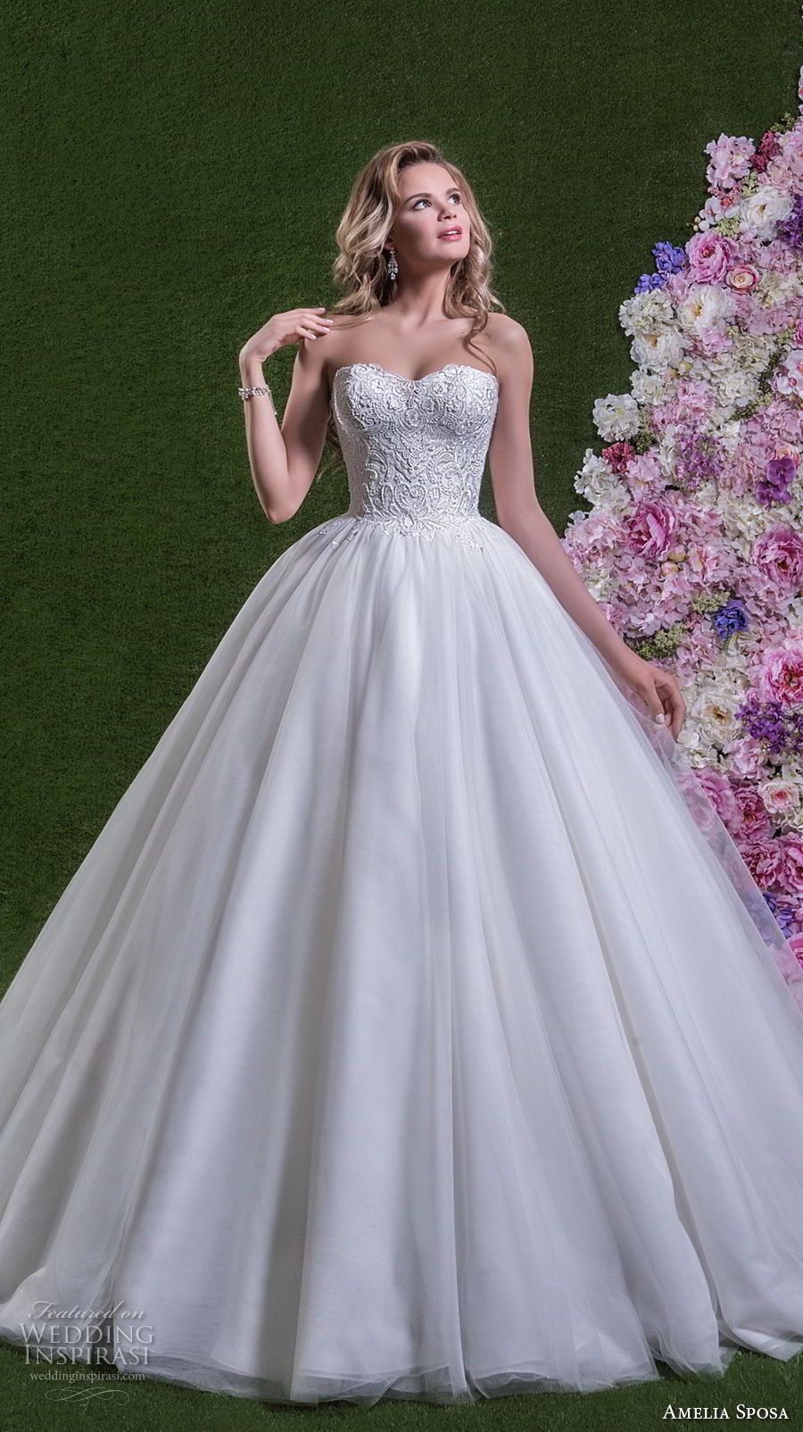 amelia sposa 2018 bridal strapless semi sweetheart neckline heavily embellished bodice romantic princess ball gown wedding dress chapel train (savina) mv