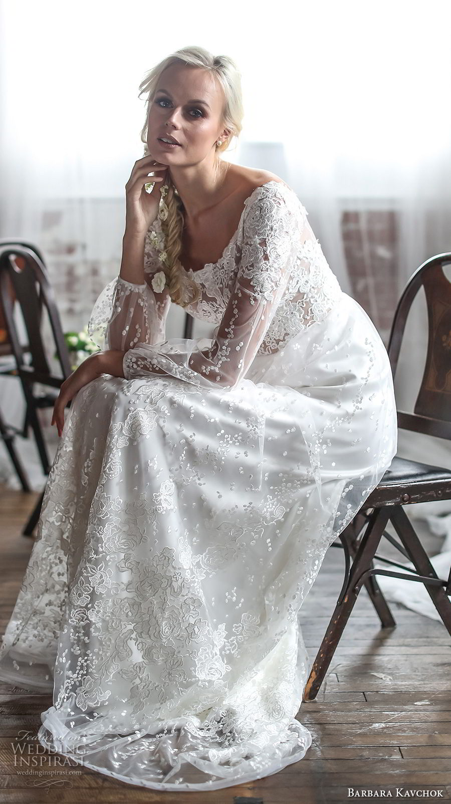 barbara kavchok spring 2018 bridal long sleeves scoop neckline full embellishment vintage elegant soft a  line wedding dress sheer back sweep train (wynonna) mv