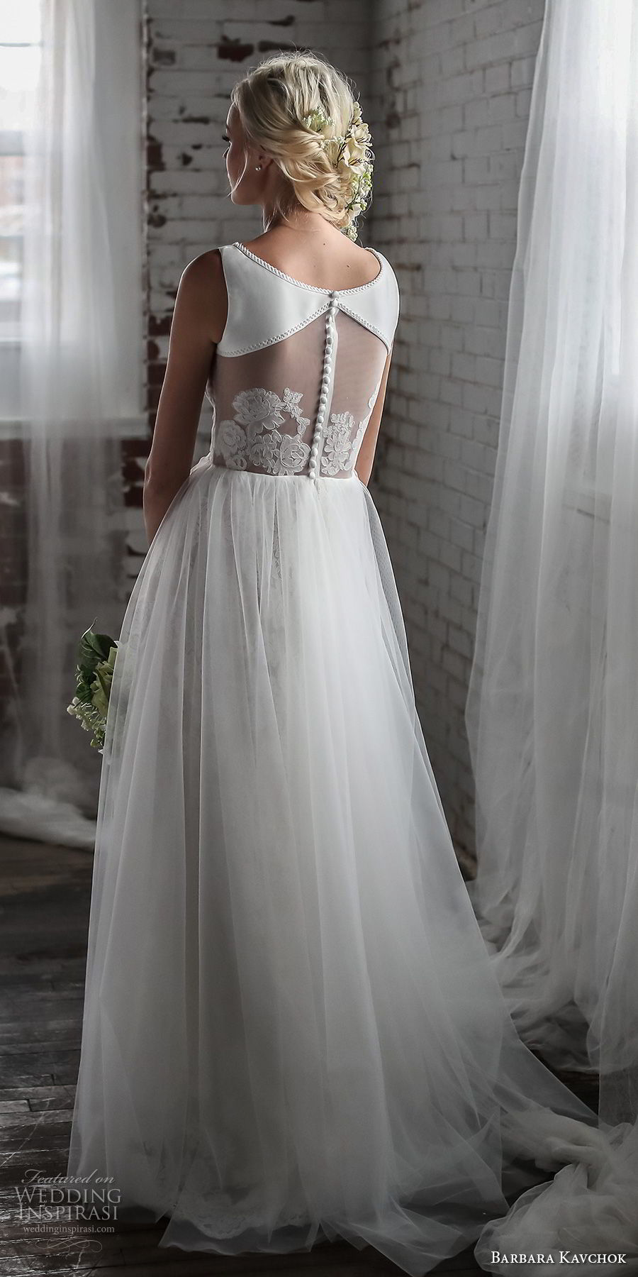 barbara kavchok spring 2018 bridal sleeveless bateau neck lightly embellished simple bodice tulle skirt romantic soft a  line wedding dress sheer button back sweep train (melody) bv