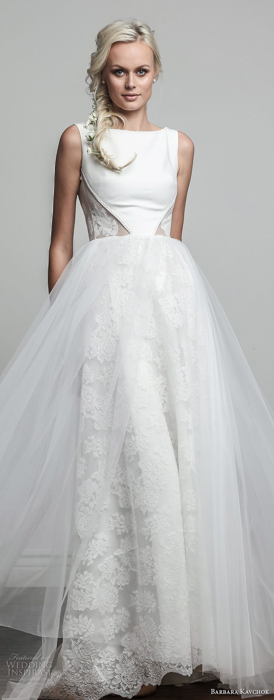 barbara kavchok spring 2018 bridal sleeveless bateau neck lightly embellished simple bodice tulle skirt romantic soft a  line wedding dress sheer button back sweep train (melody) lv