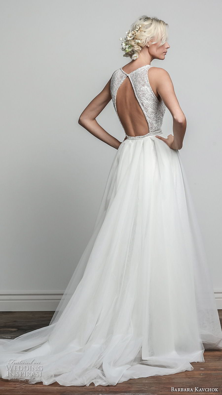 barbara kavchok spring 2018 bridal sleeveless deep plunging v neck full embellishment elegant romantic sheath wedding dress a  line overskirt keyhole back chapel train (iris) bv 