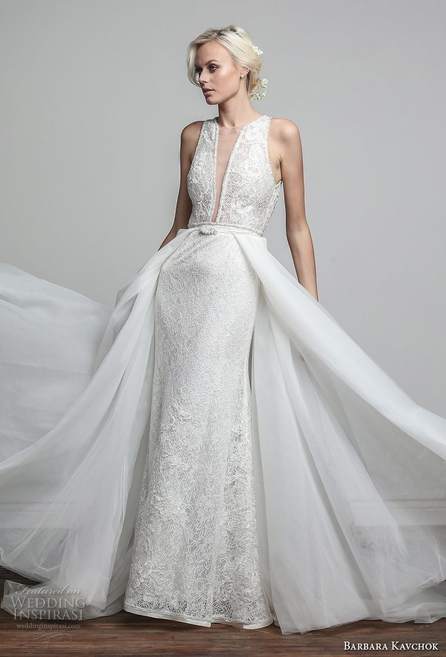 barbara kavchok spring 2018 bridal sleeveless deep plunging v neck full embellishment elegant romantic sheath wedding dress a  line overskirt keyhole back chapel train (iris) mv