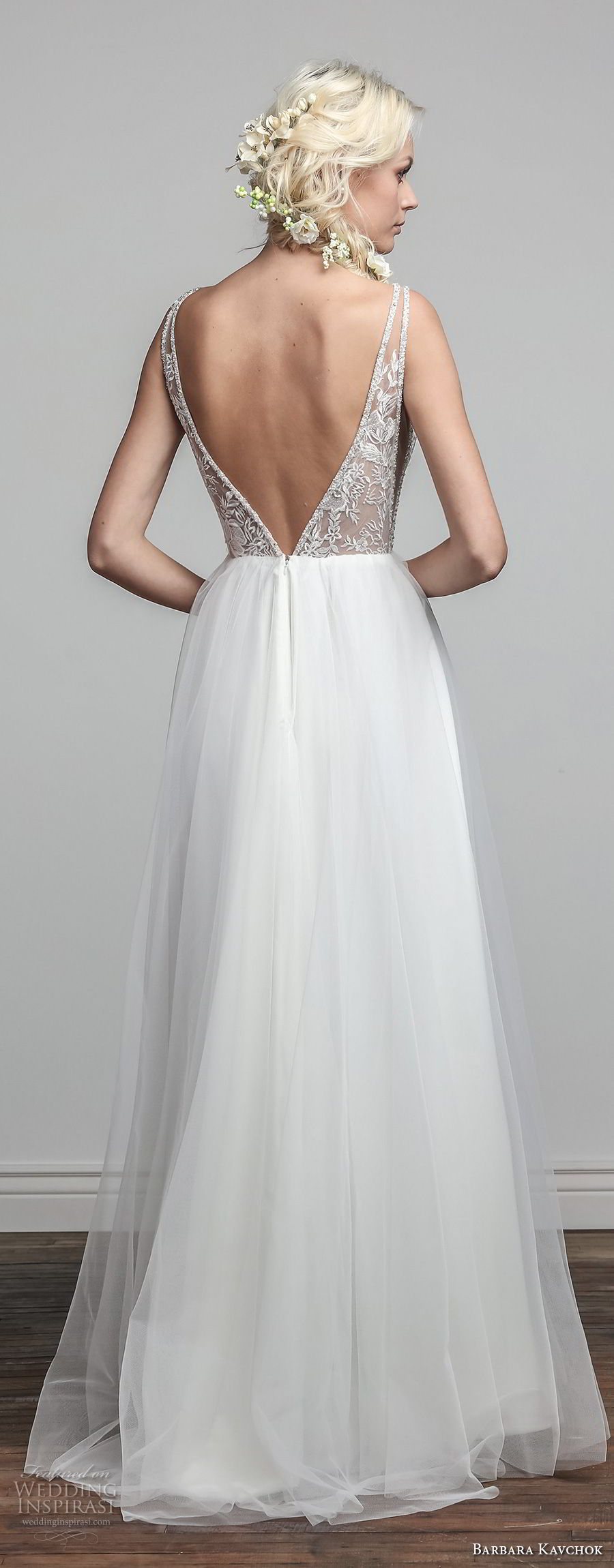 barbara kavchok spring 2018 bridal sleeveless deep v neck heavily embellished bodice elegant romantic a  line wedding dress open v back sweep train (ivy) bv