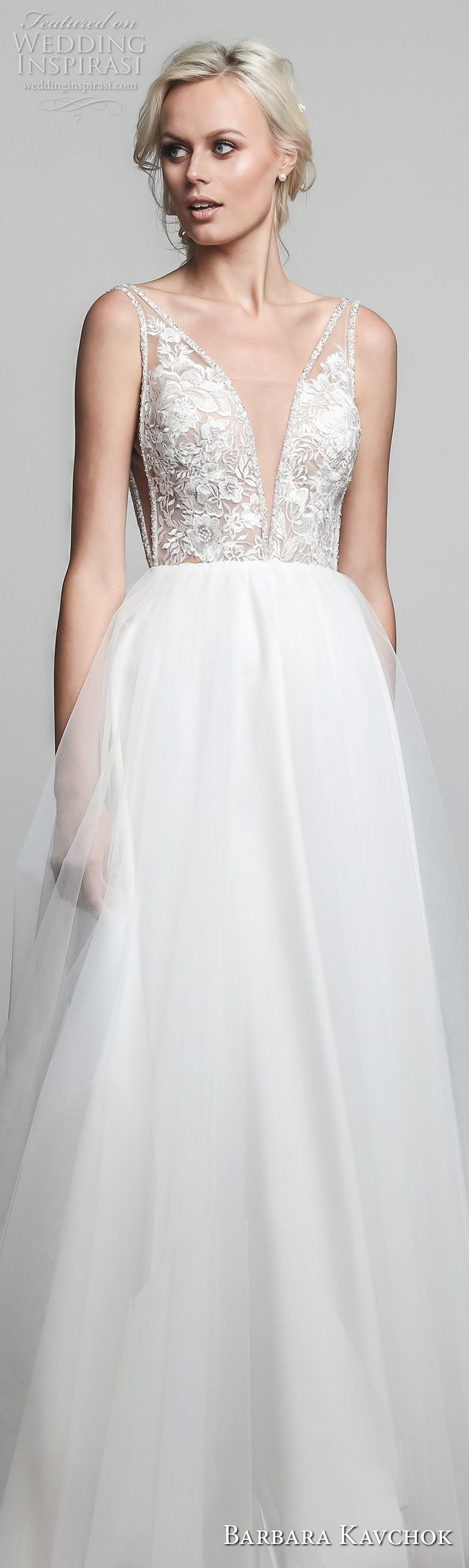 barbara kavchok spring 2018 bridal sleeveless deep v neck heavily embellished bodice elegant romantic a  line wedding dress open v back sweep train (ivy) lv