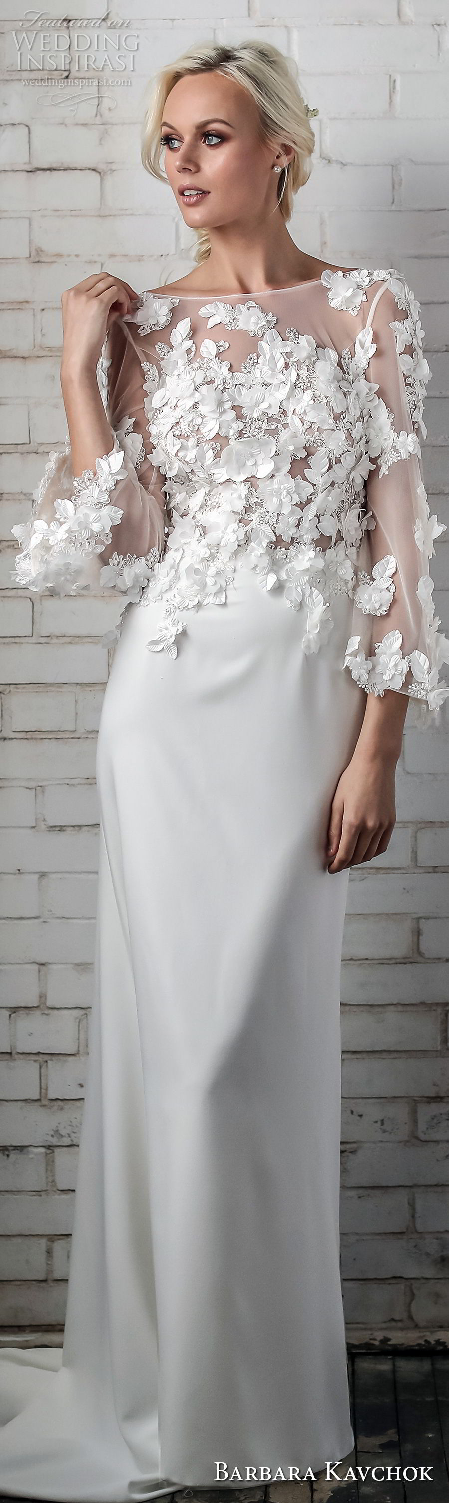 barbara kavchok spring 2018 bridal three quarter sleeves bateau neck heavily embellished bodice elegant sheath wedding dress mid scoop back sweep train (meesha) lv