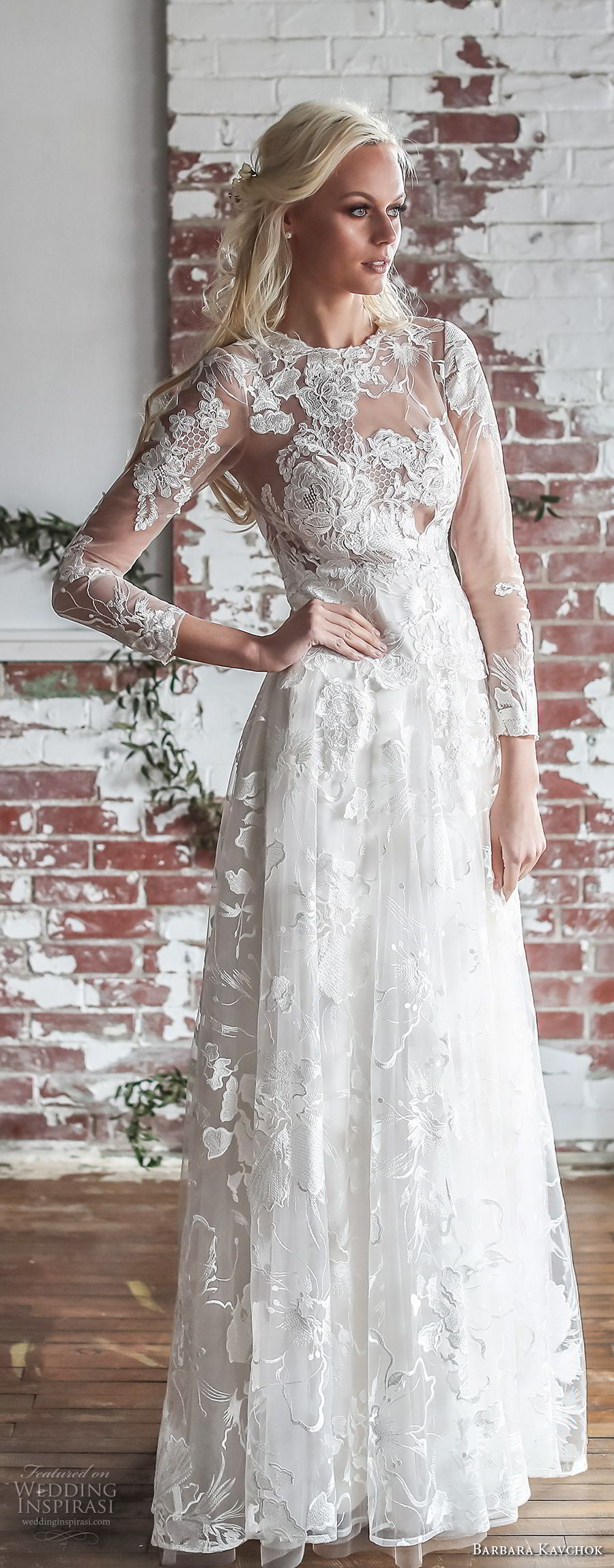 barbara kavchok spring 2018 bridal three quarter sleeves bateau neckline full embellishment elegant romantic soft a  line wedding dress sheer lace back sweep train (camille) lv