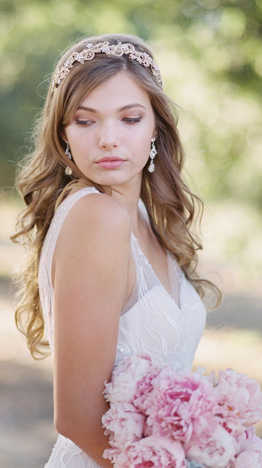bel aire bridal accessories 6713 rustic gold headpiece rhinestone flowers drop earrings romantic wedding dress side.