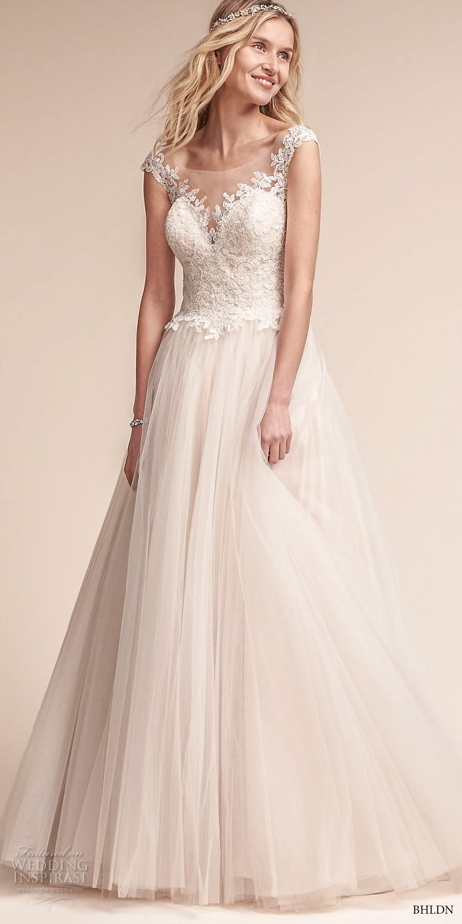 bhldn fall 2017  americana bridal cap sleeves illusion bateau neck sweetheart neckline heavily embellished bodice tulle skirt romantic a  line wedding dress open scoop back sweep train (carly) mv