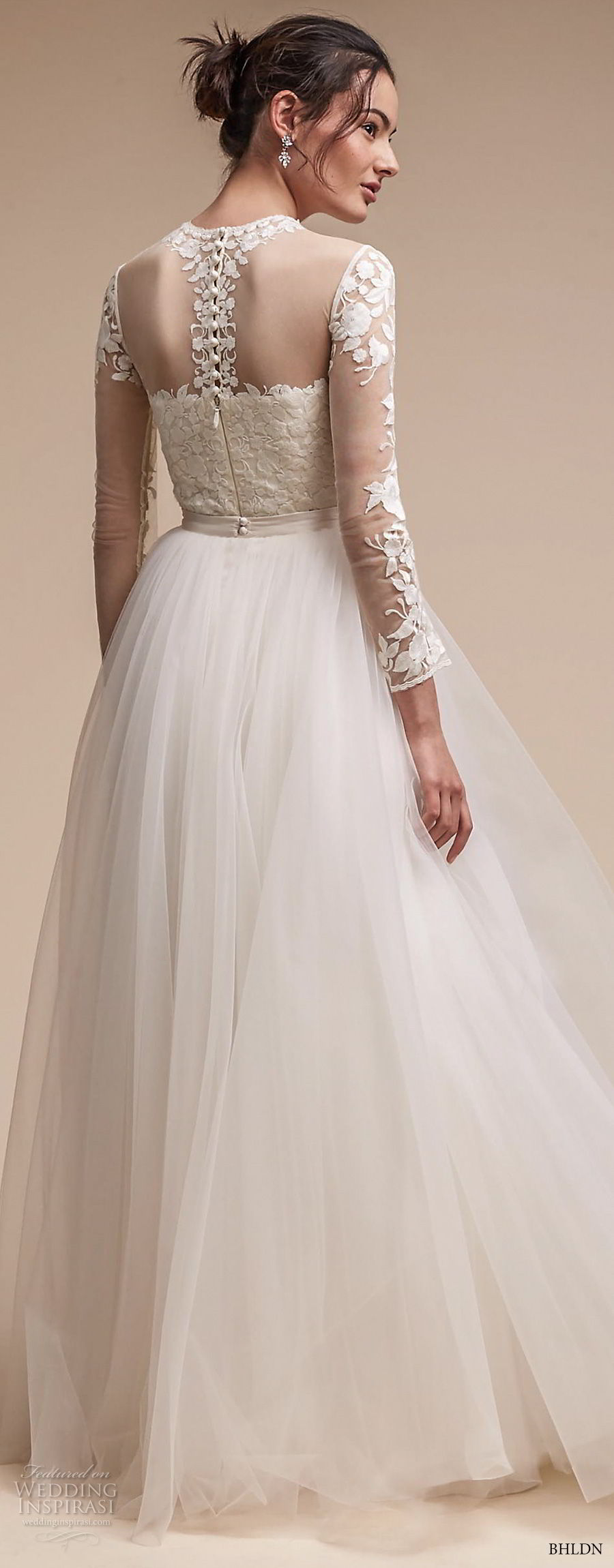 bhldn fall 2017  americana bridal long sleeves illusion jewel sweetheart neck heavily embellished bodice tulle skirt romantic soft a  line wedding dress sheer lace back sweep train (jessica) bv