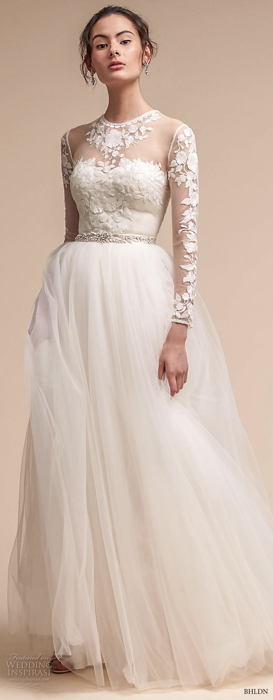 bhldn fall 2017  americana bridal long sleeves illusion jewel sweetheart neck heavily embellished bodice tulle skirt romantic soft a  line wedding dress sheer lace back sweep train (jessica) mv