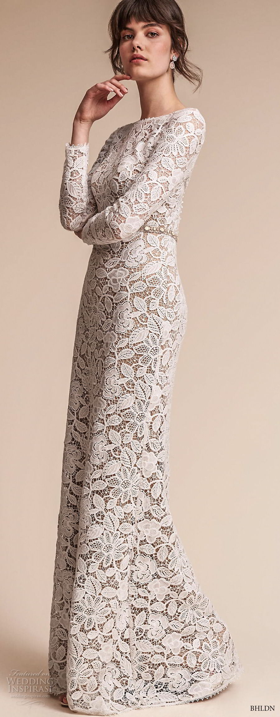 bhldn fall 2017  americana bridal long sleeves jewel neck full embellishment elegant lace modified a  line wedding dress  open v back sweep train (medallion) lv