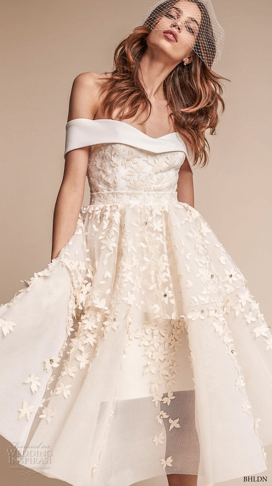 bhldn fall 2017  americana bridal off the shoulder sweetheart neckline full embellishment romantic pretty above knee short wedding dress (emerson) mv 