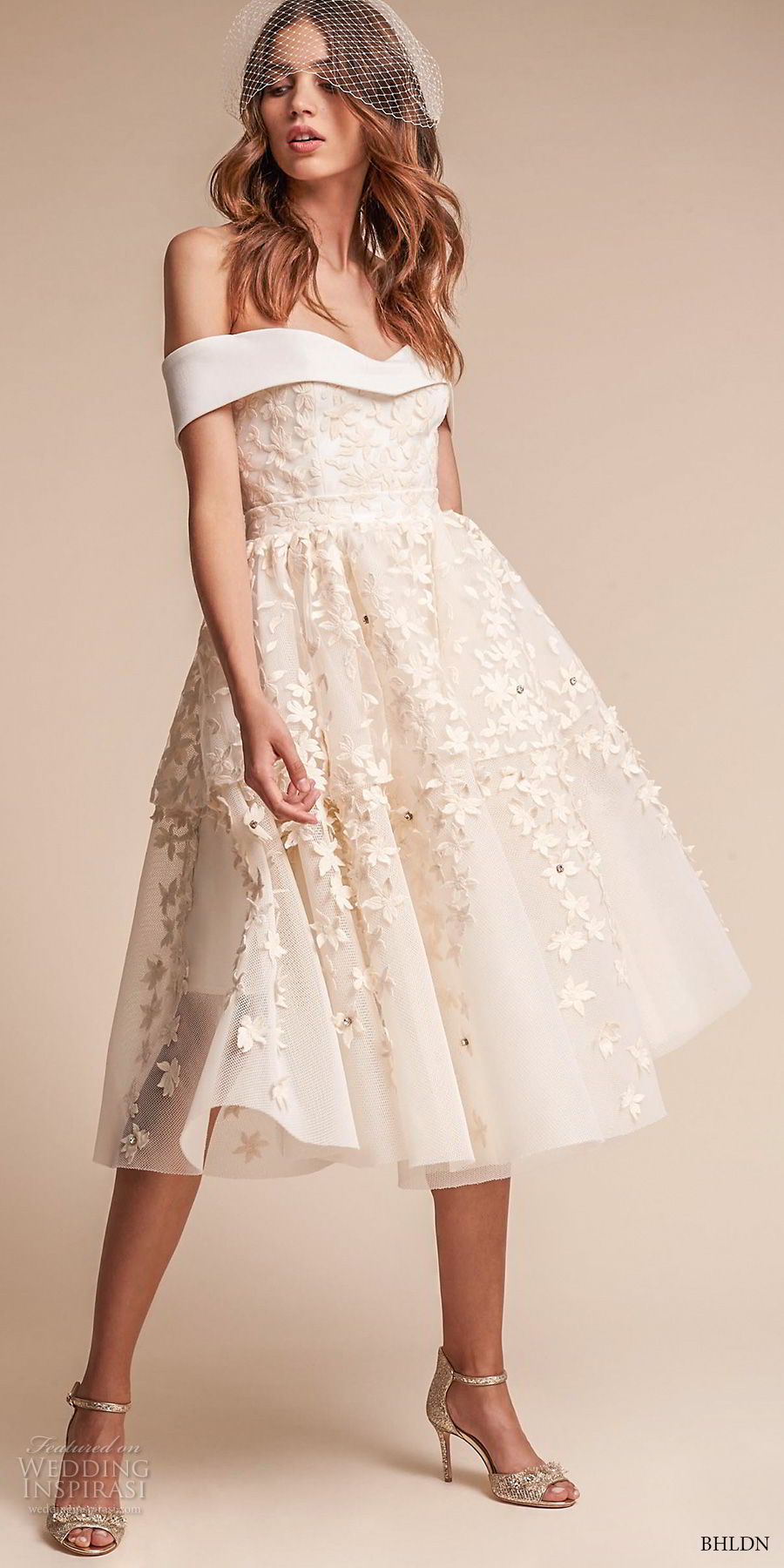 bhldn fall 2017  americana bridal off the shoulder sweetheart neckline full embellishment romantic pretty above knee short wedding dress (emerson) mv  