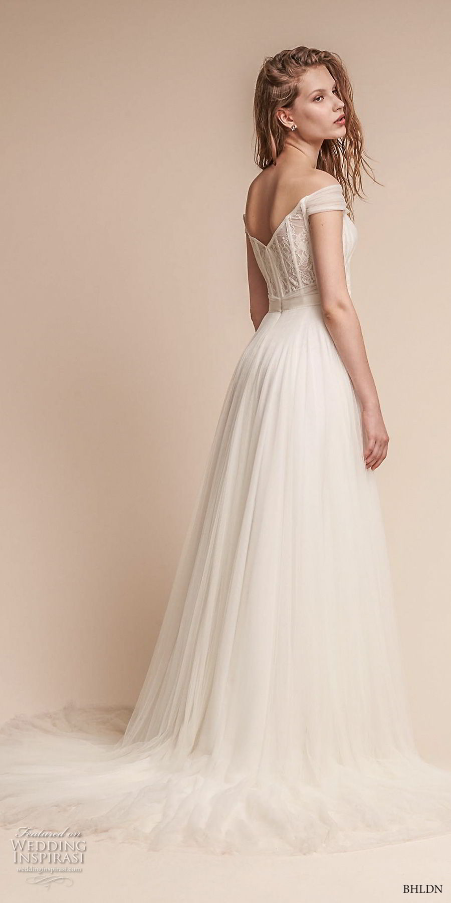 bhldn fall 2017  americana bridal off the shoulder sweetheart neckline ruched bodice tulle skirt romantic soft a  line wedding dress mid v back medium train (heaton) bv