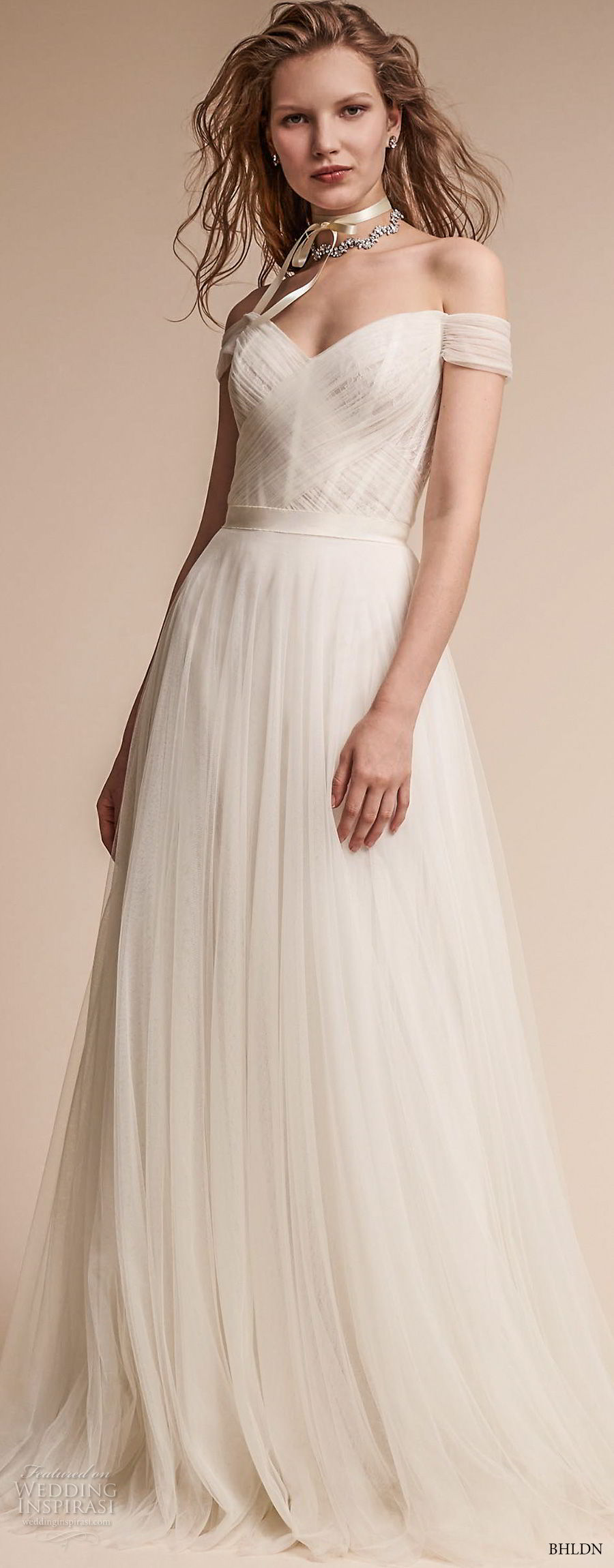 bhldn fall 2017  americana bridal off the shoulder sweetheart neckline ruched bodice tulle skirt romantic soft a  line wedding dress mid v back medium train (heaton) mv