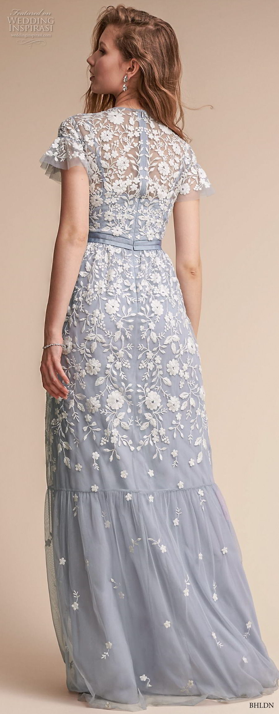 bhldn fall 2017  americana bridal short sleeves jewel neck full embellishment romantic blue color soft a  line wedding dress covered lace back sweep train (meadow) bv