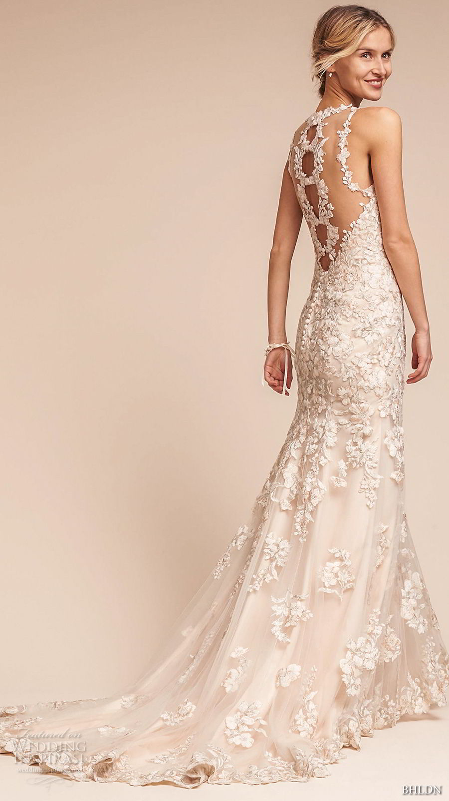 bhldn fall 2017  americana bridal sleeveless illusion jewel neck full embellishment elegant fit and flare wedding dress sheer lace back sweep train (nouveau) bv