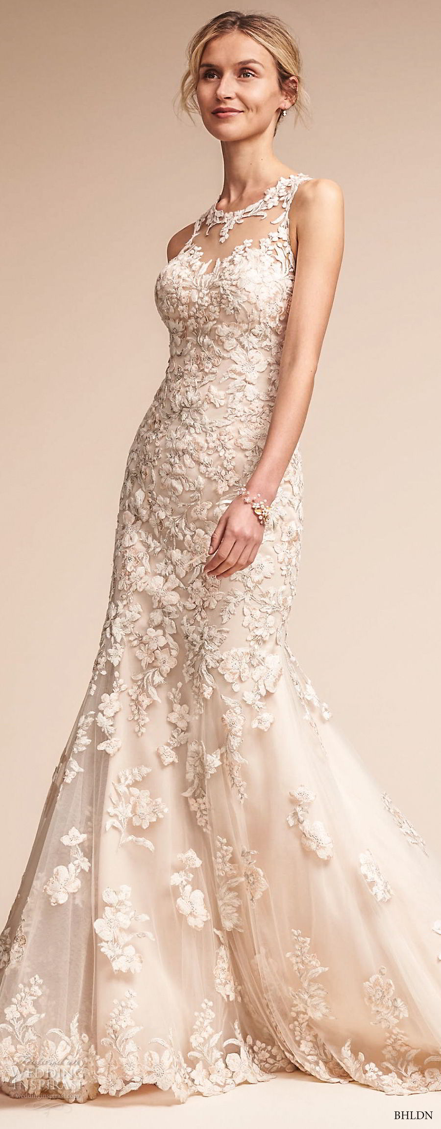 bhldn fall 2017  americana bridal sleeveless illusion jewel neck full embellishment elegant fit and flare wedding dress sheer lace back sweep train (nouveau) mv